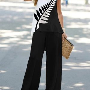 Color Block Simple Loose Crew Neck Two-Piece Set, Suit Set, color:Black|size:XXL, JustFashionNow