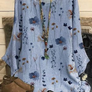 Casual Floral Crew Neck T-Shirt, T-Shirts, color:Blue|size:3XL, JustFashionNow