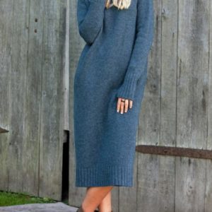 Casual Yarn/Wool Yarn Turtleneck Dress, Dresses, color:Blue|size:XXL, JustFashionNow