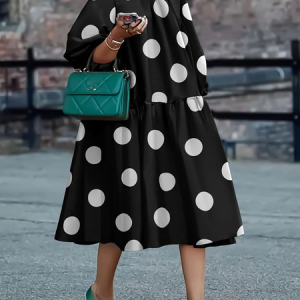 Loose Polka Dots Elegant Stand Collar Short sleeve Midi Dress, Midi Dresses, color:Black|size:XXL, Stylewe