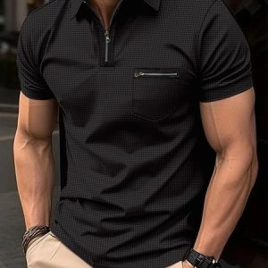 Men's Casual Solid Zipper Regular Short Sleeve Polo Daily Commuter, Polos, color:Black|size:3XL, JustFashionNow