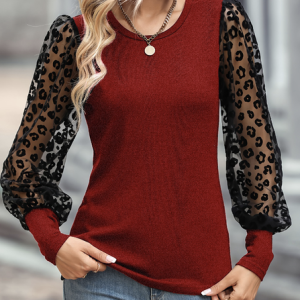 Crew Neck Long Sleeve Plain Regular Micro-Elasticity Loose Shirt For Women 2023, Blouses, color:Red|size:XXL, Noracora
