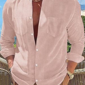 Casual Plain Shawl Collar Regular Fit Shirt, Shirts ＆ Blouse, color:Pink|size:3XL, JustFashionNow