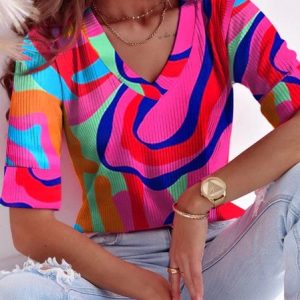 Loose Casual V Neck Abstract T-Shirt, T-Shirts, color:Rose Red|size:XXL, JustFashionNow