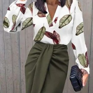 Urban V Neck Leaf  Print Loose Blouse, Blouses and Shirts, color:White|size:XXL, Stylewe