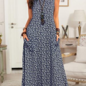 Sleeveless Crew Neck Floral Dress, Midi, color:Purplish blue|size:XXL, catalog Noracora shop