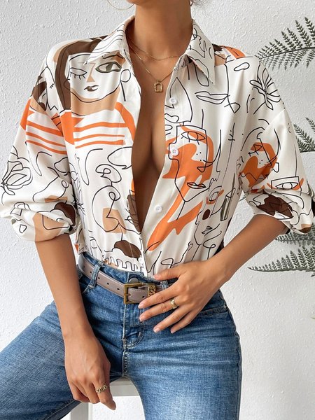Urban Loose Shirt Collar Abstract Blouse, Blouses and Shirts, color:Orange|size:XXL, Stylewe
