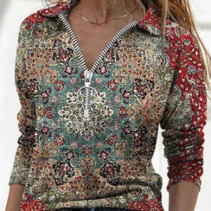 Shawl Collar Casual Regular Fit Zipper Top, Shirts & Blouses, color:Multicolor|size:XXL, JustFashionNow