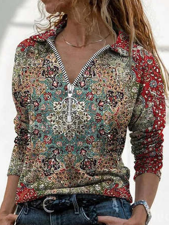 Shawl Collar Casual Regular Fit Zipper Top, Shirts & Blouses, color:Multicolor|size:XXL, JustFashionNow