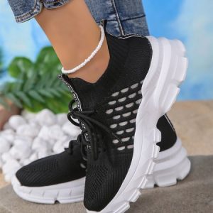Hollow Breathable Thick Sole Fly Knit Sneakers, Sneakers, color:Black|size:42, JustFashionNow