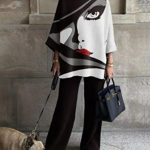 Half Turtleneck  Figure Abstract Two-Piece Set, Tops, color:Black-white|size:XXL, JustFashionNow
