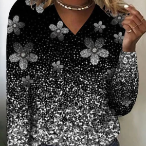 Loose Casual Ombre V Neck T-Shirt, T-Shirts, color:Black|size:3XL, JustFashionNow