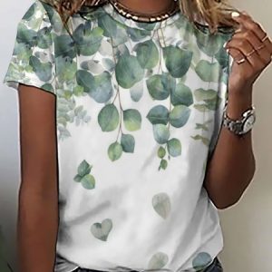 Women's Green Plant Heart Leaves Crew Neck Casual T-Shirt, color:Green|size:3XL, Lilicloth.com