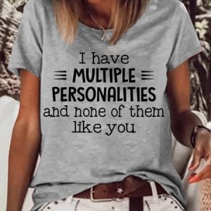 Women's I Have Multiple Personalities Casual Crew Neck Letters T-Shirt, color:Gray|size:3XL, Lilicloth.com