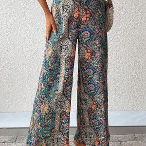 Casual Random Print Natural Long Elastic Band Straight Pants, Pants, color:Multicolor|size:XXL, Noracora