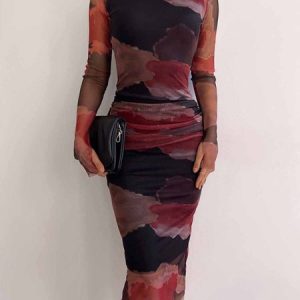 Regular Fit Elegant Abstract Crew Neck Dress, Midi Dresses, color:As Picture|size:XXL, Stylewe