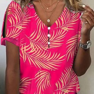 Leaf V Neck Casual Buttoned T-Shirt, JustFashionNow T-Shirts, color:Deep Pink|size:XXL,