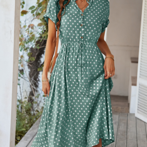 Loose Casual Stand Collar Polka Dots Dress, Dresses, color:Green|size:XXL, JustFashionNow