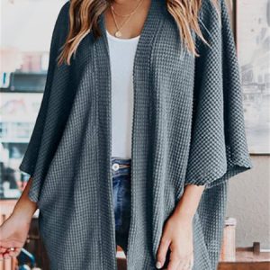 Casual Plain Wrap Raglan Sleeves Kimono, Cardigans, color:Grey-blue|size:XXL, JustFashionNow