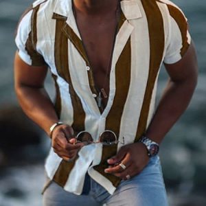 Men's Casual Striped Button Up Shirts Urban Everyday Resort Clothing, Shirts ＆ Blouse, color:Red|size:3XL, JustFashionNow