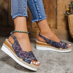 Vacation Paisley Linen Espadrille Wedge Sandals, Sandals, color:As Picture|size:42, Noracora