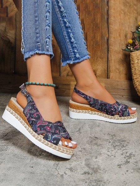 Vacation Paisley Linen Espadrille Wedge Sandals, Sandals & Slippers, color:As Picture|size:42, JustFashionNow