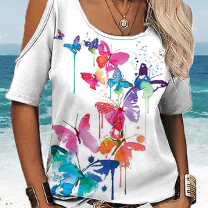 Women's Butterfly Cotton-Blend Loose Casual Solid Drop Shoulder T-Shirt, T-shirts, Lilicloth.com