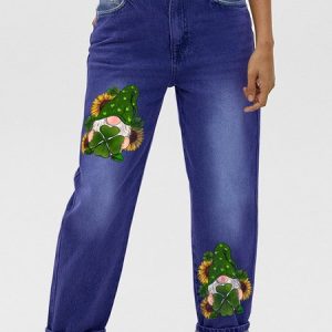 Women's St. Patricks Day Shamrock Gnome With Sunflowers Denim Casual Loose Jeans, color:Blue|size:3XL, Lilicloth.com