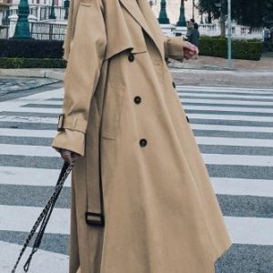 Women's Urban Casual Plain Long Trench Coat Daily Commuting Clothing, Trench Coats, color:Khaki|size:XL, JustFashionNow