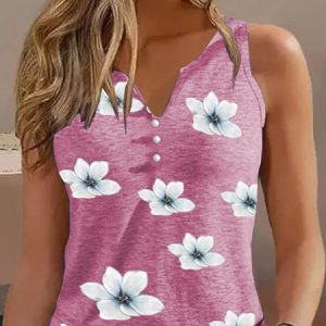 Floral Loose Casual V Neck Tank Top, Tanks & Camis, color:Purplish Red|size:XXL, JustFashionNow
