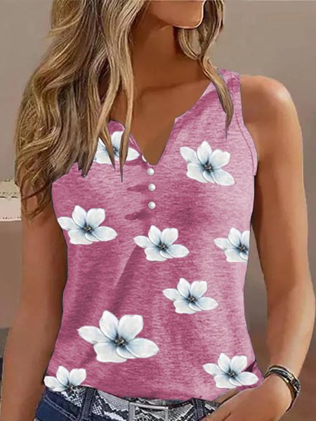 Floral Loose Casual V Neck Tank Top, Tanks & Camis, color:Purplish Red|size:XXL, JustFashionNow