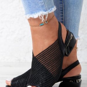 Fashion Mesh Hollow Thick Heel Fish Mouth Sandals, Sandals, color:Black|size:41, JustFashionNow