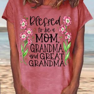 Women's Blessed to Be a Mom Grandma and Great Grandma Casual Crew Neck Letters T-Shirt, T-shirts, Lilicloth.com
