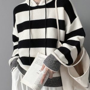 Long sleeve Hoodie Striped Daily Simple Sweater, Pullovers, color:White|size:XXL, Stylewe