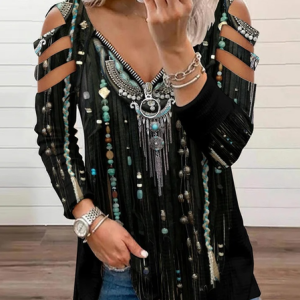 Casual V Neck Regular Fit Ethnic Shirt, Shirts & Blouses, color:Black|size:XXL, JustFashionNow