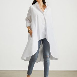 Shirt Collar Elegant Plain Regular Fit Dress, Midi Dresses, color:White|size:XXL, Stylewe