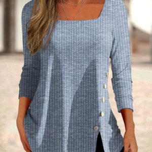 Square Neck Buckle Casual T-Shirt, T-Shirts, color:Blue|size:XXL, JustFashionNow