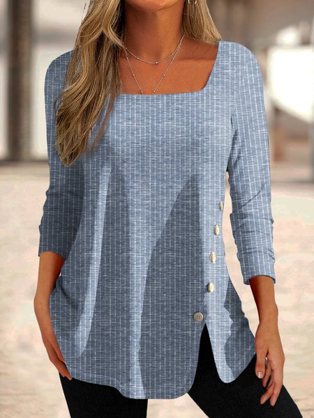 Square Neck Buckle Casual T-Shirt, T-Shirts, color:Blue|size:XXL, JustFashionNow
