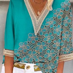 V Neck Loose Casual Floral Shirt, Shirts & Blouses, color:Green|size:XXL, JustFashionNow