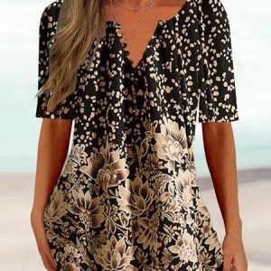 Casual Floral Knitted Loose T-Shirt, T-Shirts, color:Black|size:XXL, JustFashionNow