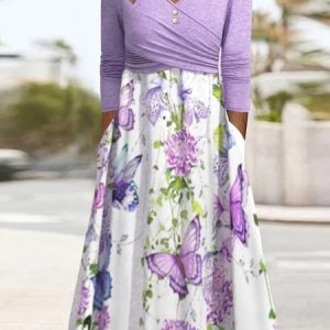 Floral Regular Fit V Neck Elegant Dress, Dresses, color:Purple|size:XXL, JustFashionNow
