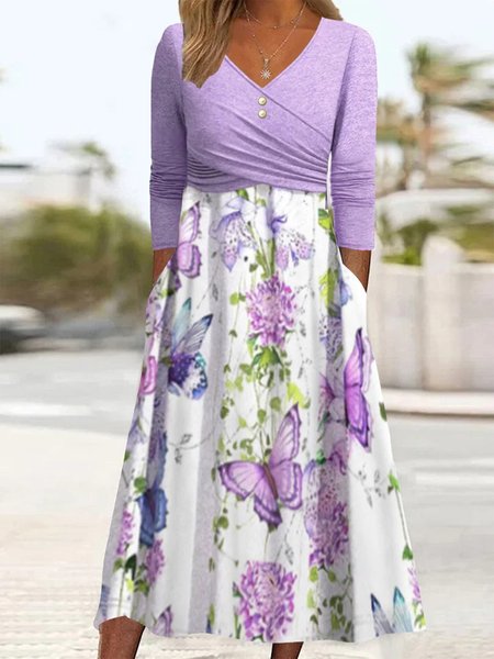 Floral Regular Fit V Neck Elegant Dress, Dresses, color:Purple|size:XXL, JustFashionNow