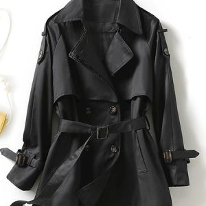 Wrap Long Sleeve Plain Buckle Regular Loose Trench Coat For Women, Trench coat, color:Black|size:3XL, Noracora
