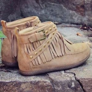 Vintage Fringe Studded Flat Round Toe Buckle Booties, Boots, color:Beige|size:43, JustFashionNow