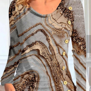 Crew Neck Long Sleeve Striped Regular Micro-Elasticity Regular Fit Shirt For Women, Blouses, color:Khaki|size:3XL, Noracora