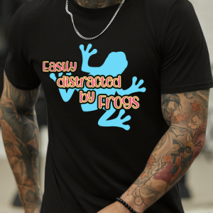 Lilicloth X Paula Easy Distracted By Frogs Men’s Cotton Casual T-Shirt, color:Black|size:3XL, Lilicloth.com