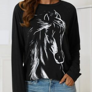 Horse Printed Raglan Sleeve Crew Neck Casual Sweatshirt, Sweatshirts & Hoodies, color:Black|size:3XL, JustFashionNow