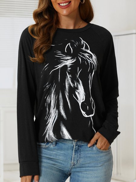Horse Printed Raglan Sleeve Crew Neck Casual Sweatshirt, Sweatshirts & Hoodies, color:Black|size:3XL, JustFashionNow