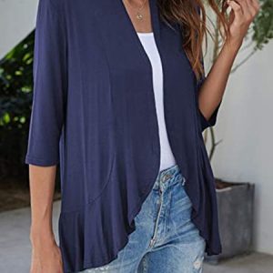 Solid Color Regular Sleeve Ruffle Hem Simple Kimono, Cardigans, color:Navy Blue|size:XXL, JustFashionNow