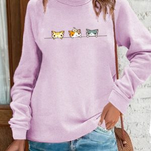 Casual Crew Neck Cat Sweatshirt, Hoodies & Sweatshirts, color:Light Purple|size:3XL, Noracora